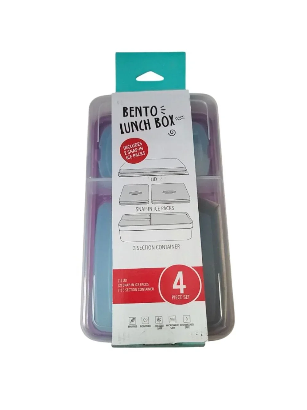 Fit & Fresh 4 Pc Bento Lunch Box 2 Snap In Ice Packs 3 Section Container Lid NEW